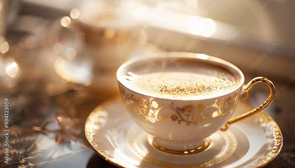 A steaming cup of tea elegantly placed on a decorative saucer, capturing a warm and inviting atmosphere. A steaming cup of tea elegantly placed on a decorative saucer, capturing a warm and inviting atmosphere.