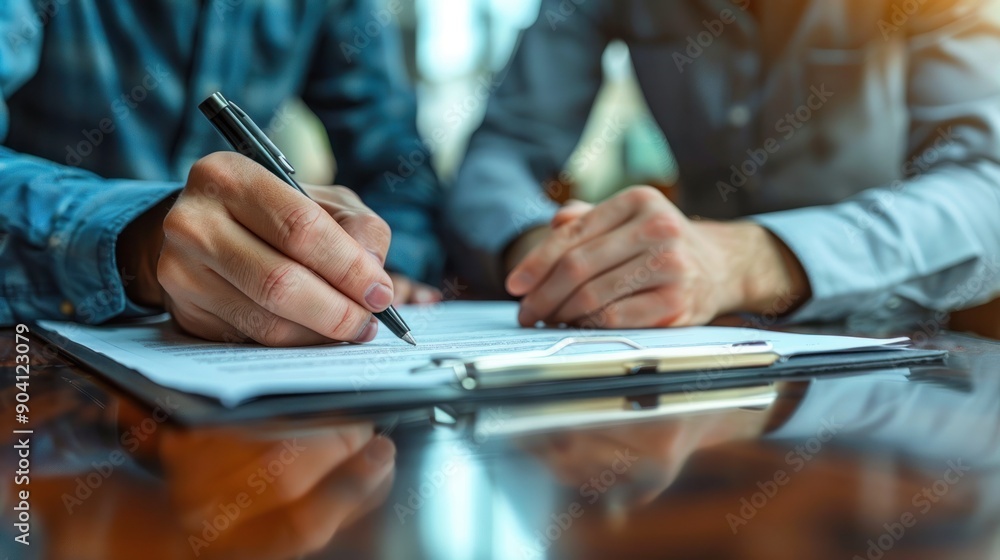 Business partners reviewing and signing legal documents in a meeting Business partners reviewing and signing legal documents in a meeting