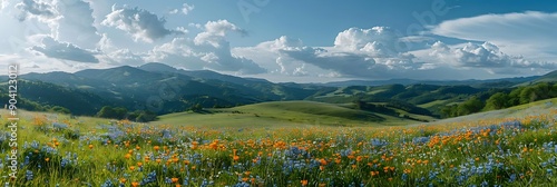 Beautiful Landscape of Rolling Hills and Wildflowers