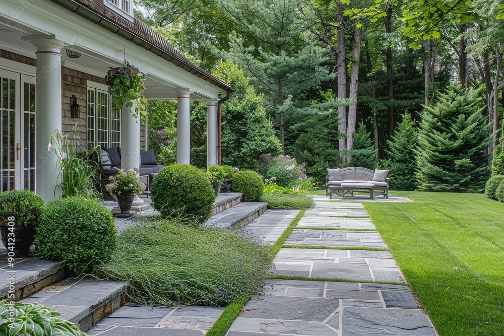 Obraz premium Stone patio with seating area and side entrance, surrounded by green grasses and ornamental trees, in a classic American landscape design style, set in New England.