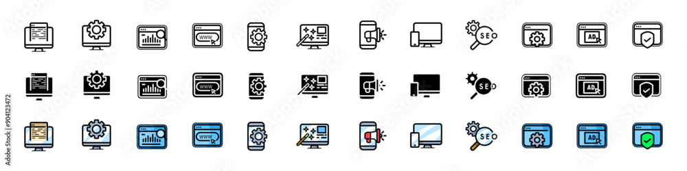Website set icons. Browser icons. Linear, silhouette and flat styles. Vector icons. Website set icons. Browser icons. Linear, silhouette and flat styles. Vector icons.