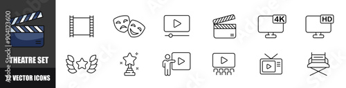 Theatre set icons. Cinema icons. Linear style. Vector icons.