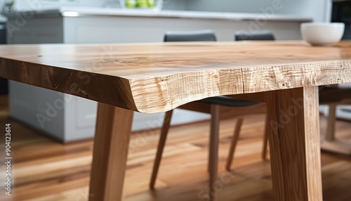 Simple wooden dining table, creatively shaped live edge tabletop, Scandinavian design, modern home, close-up, high resolution photo.