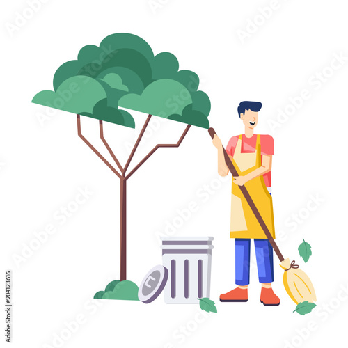 A flat style illustration of street cleaner holding broom 

