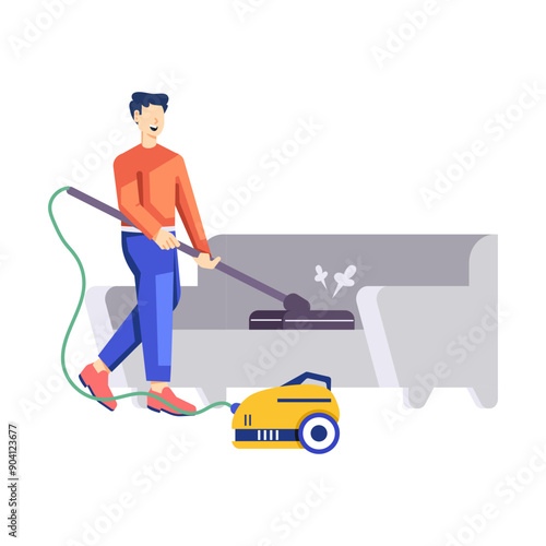 A flat character illustration of cleaning sofa with vacuum 


