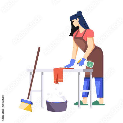 Woman cleaning a table, flat character illustration 

