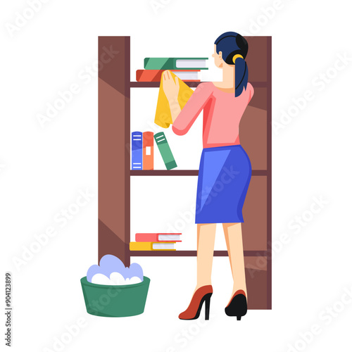 Character based flat illustration of cleaning shelves 

