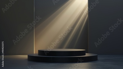 A minimalist black podium with a spotlight shining down on it, creating a dramatic and elegant scene.  Perfect for showcasing products or designs. photo