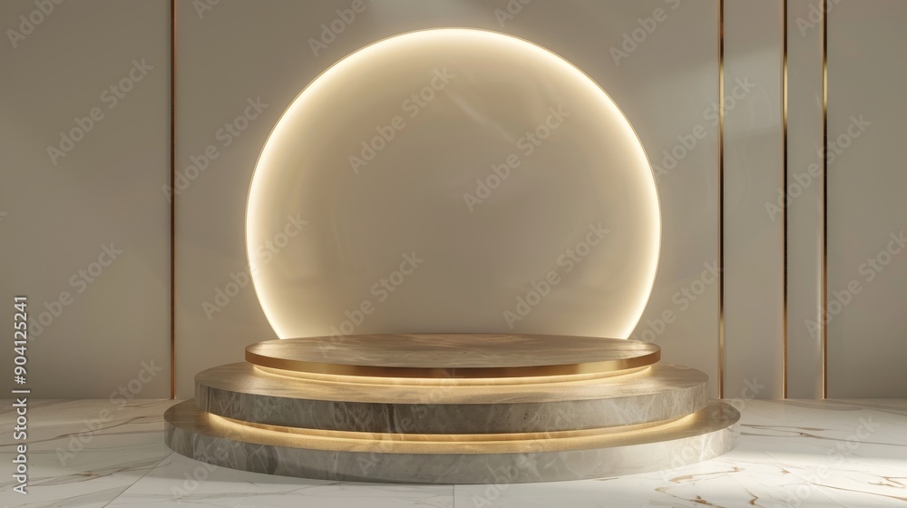 A minimalist product display with a three-tiered podium and a glowing circular light. The backdrop is a textured white wall with gold accents. A minimalist product display with a three-tiered podium and a glowing circular light. The backdrop is a textured white wall with gold accents.