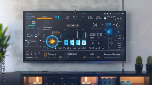 A home automation dashboard displayed on a smart TV, showing control options for various home systems including lighting, climate, and security.