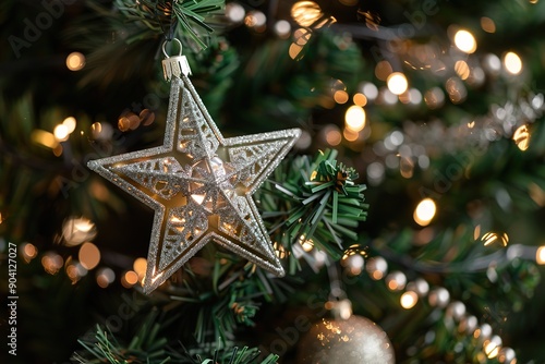 Christmas tree with intricate decorations and a shining star on top 