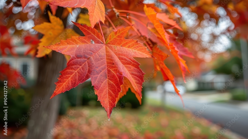 Closeup of glowing red maple leaves, botanical background close up, fall foliage, vibrant, composite, treelined street, copy space for text Closeup of glowing red maple leaves, botanical background close up, fall foliage, vibrant, composite, treelined street, copy space for text