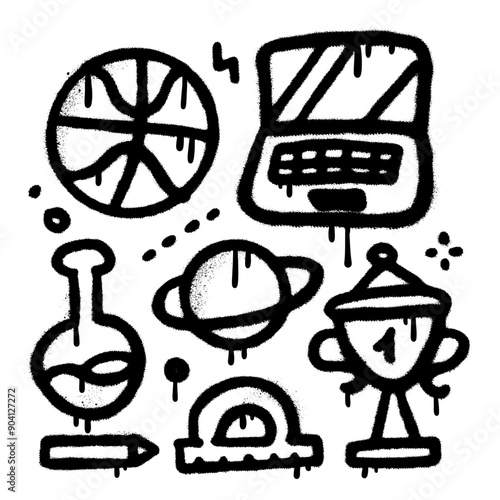 Back to School urban graffiti doodle designs set. Black and white isolated elements with lot of education objects and symbols. Isolated vector illustrations.