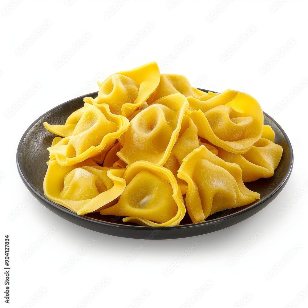 Medium shot of Tortellini pasta on a plate side view, isolated on a white background,  