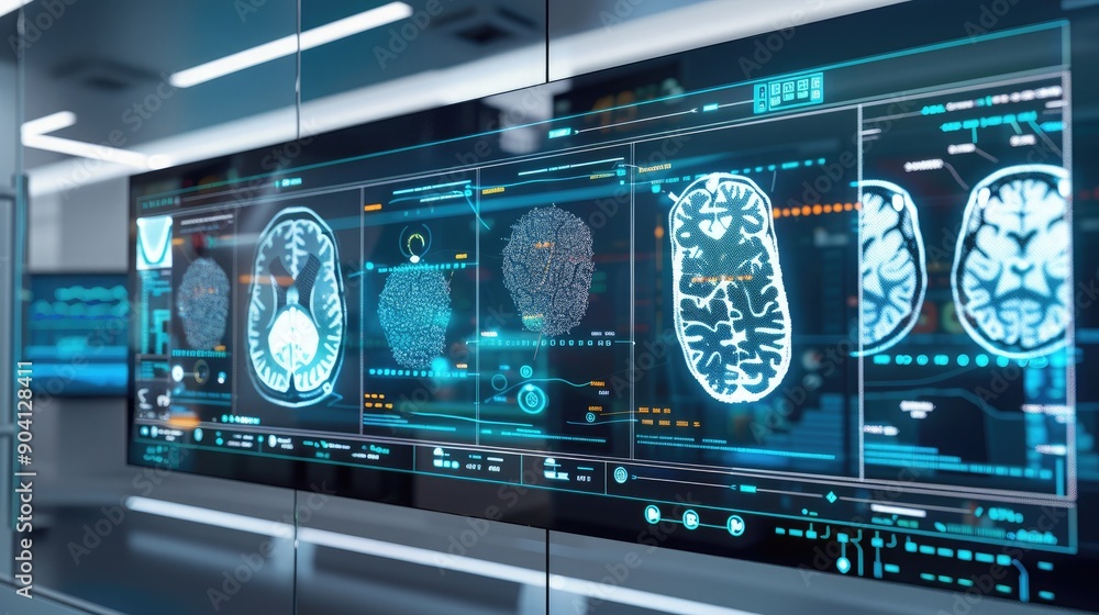 A modern diagnostic tool using AI to interpret medical images, with clear and detailed digital feedback on a large screen. A modern diagnostic tool using AI to interpret medical images, with clear and detailed digital feedback on a large screen.