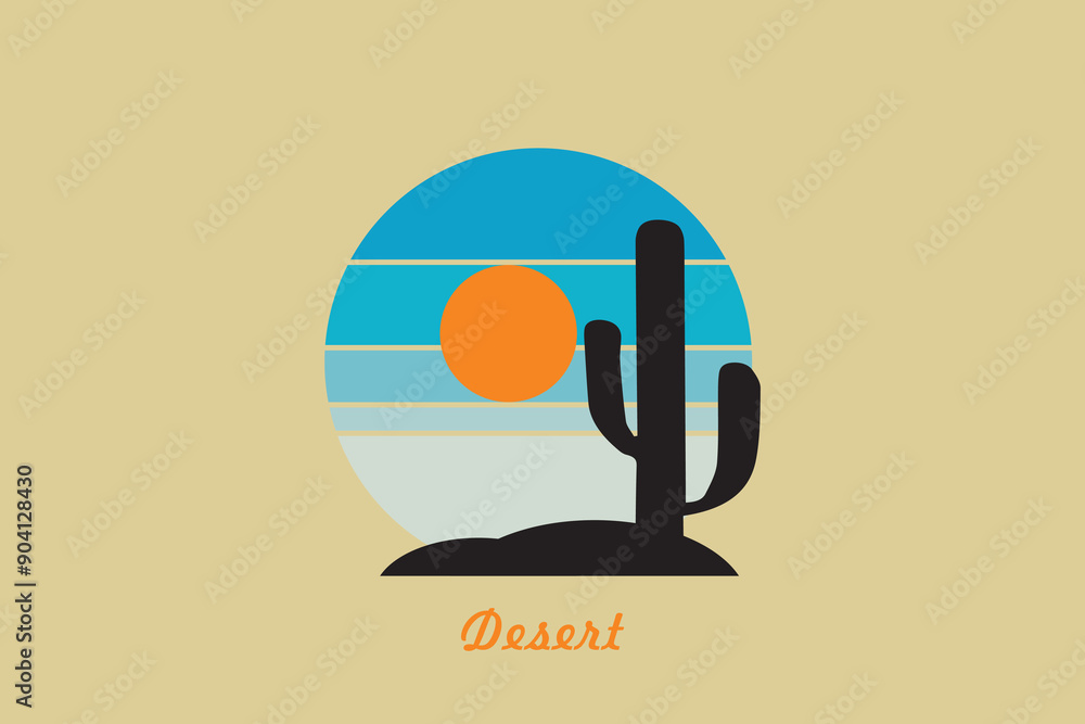 Obraz premium Desert abstract logo, striped desert abstract logo with retro theme, 80s style sunset, tourism, summer.