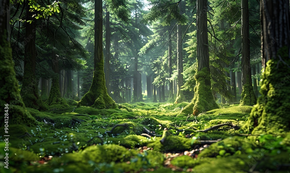 Fototapeta premium Serene forest with tall, ancient trees and a carpet of vibrant moss, creating a peaceful sanctuary