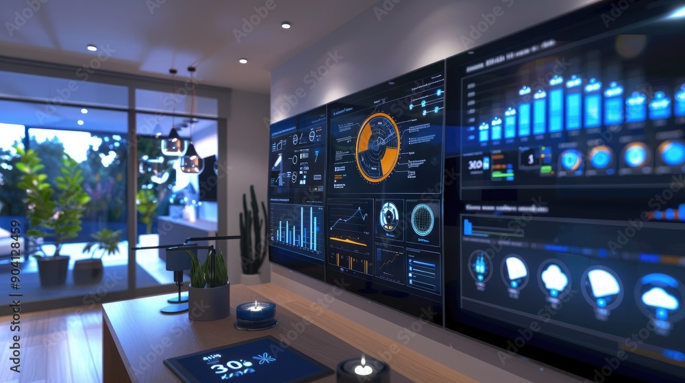 A modern energy management control center in a smart home, with multiple screens showing detailed energy analytics and optimization strategies. A modern energy management control center in a smart home, with multiple screens showing detailed energy analytics and optimization strategies.