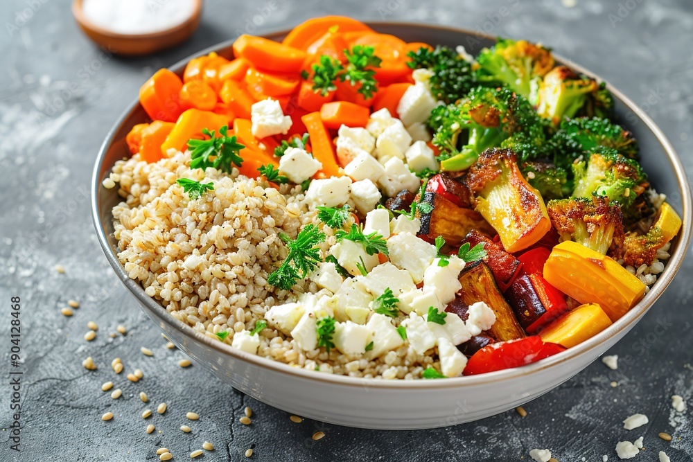 Healthy bowl with quinoa, colorful roasted vegetables, and feta Healthy bowl with quinoa, colorful roasted vegetables, and feta