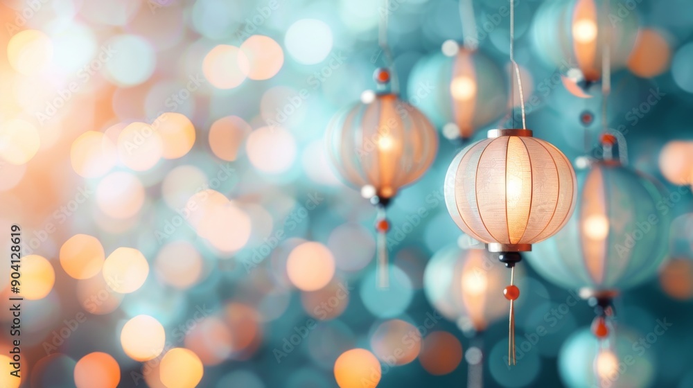 A vibrant display of hanging lanterns illuminated against a soft bokeh background, perfect for festive decorations and celebrations. A vibrant display of hanging lanterns illuminated against a soft bokeh background, perfect for festive decorations and celebrations.