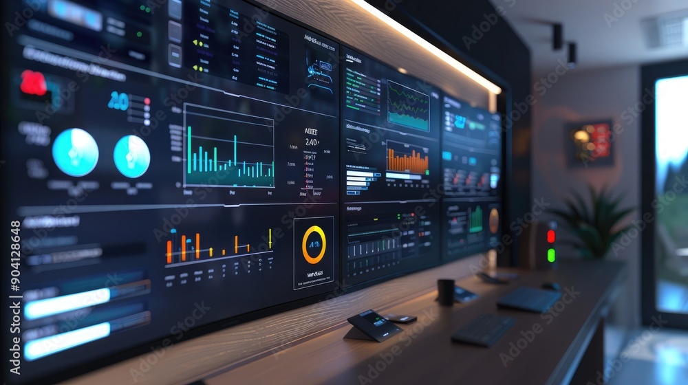 A modern energy management control center in a smart home, with multiple screens showing detailed energy analytics and optimization strategies. A modern energy management control center in a smart home, with multiple screens showing detailed energy analytics and optimization strategies.