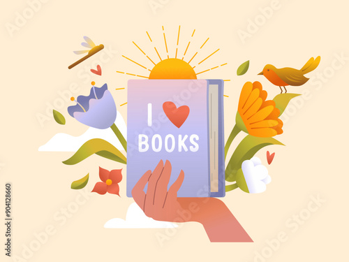 Book Lovers Day. Hand Holds a Book. Concept Card for Lovers of Reading. Bibliophile, Bookstore, Bookshop Vector Illustration.