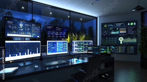 A modern energy management control center in a smart home, with multiple screens showing detailed energy analytics and optimization strategies. photo