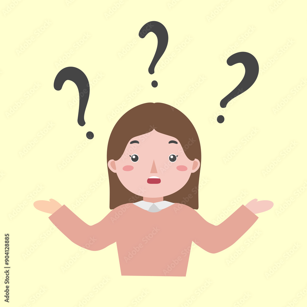 Vector illustration of girl with question mark, good for showing confused, uncertainly, questioning about something, isolated on light yellow background Vector illustration of girl with question mark, good for showing confused, uncertainly, questioning about something, isolated on light yellow background