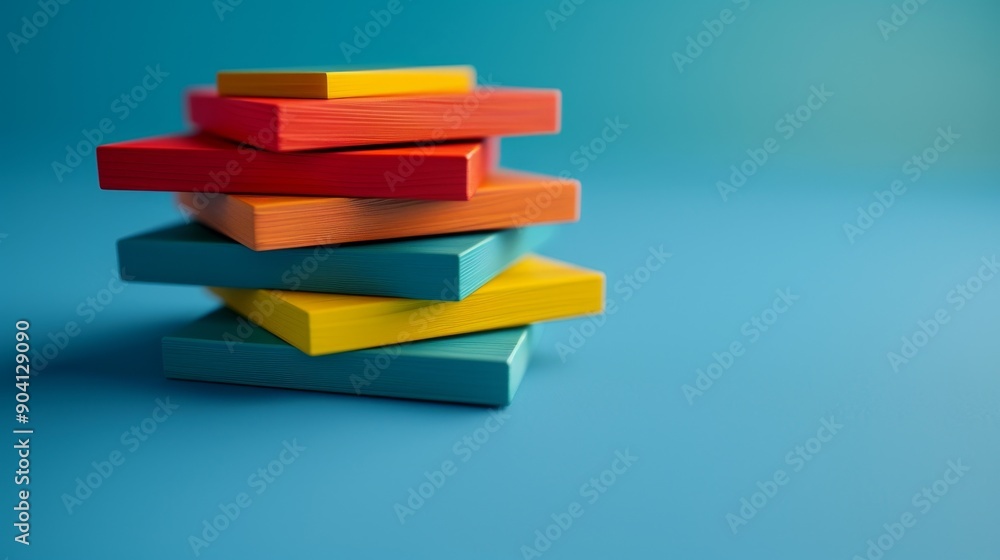 A stack of colorful blocks on a blue background. A stack of colorful blocks on a blue background.