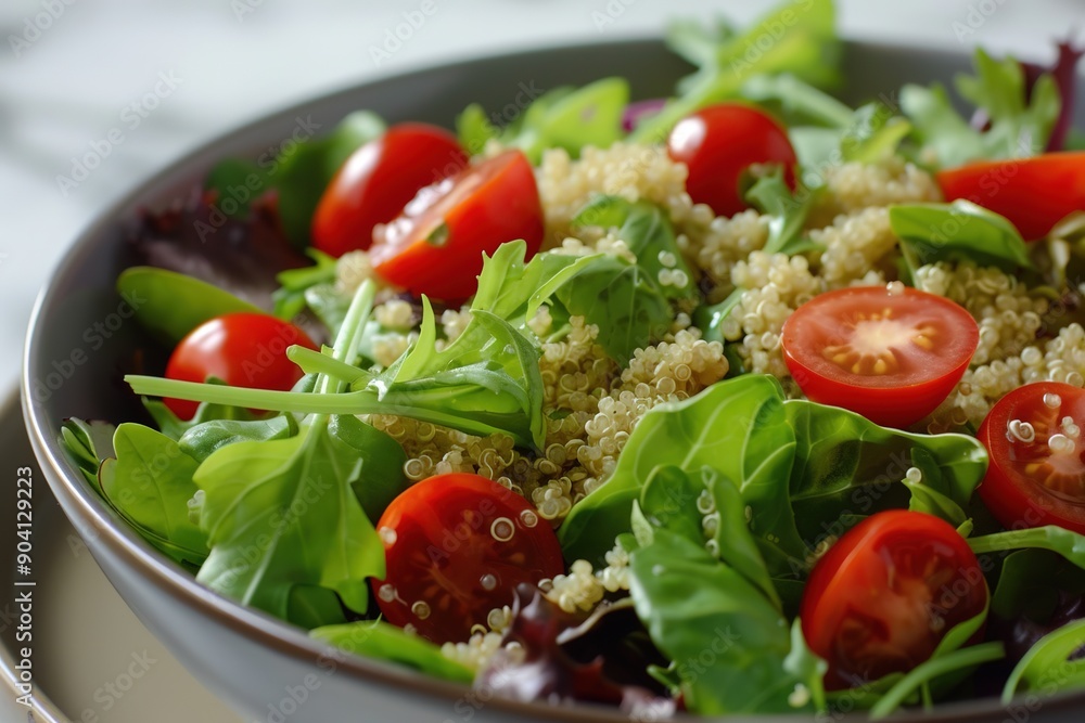 Fresh quinoa salad with tomatoes and arugula in bowl. Fresh quinoa salad with tomatoes and arugula in bowl.