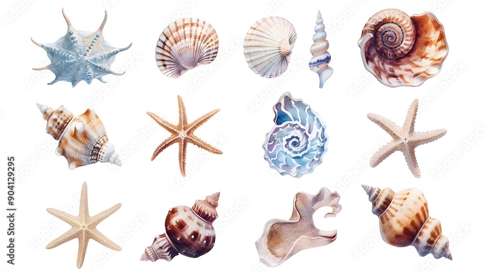 Assorted Seashells and Starfish on White Background Assorted Seashells and Starfish on White Background