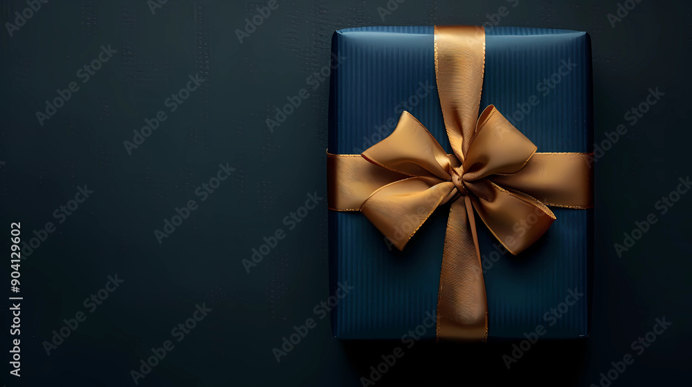 Dark blue gift box with gold satin ribbon on dark background. Top view of birthday gift with copy space for holiday or Christmas present Dark blue gift box with gold satin ribbon on dark background. Top view of birthday gift with copy space for holiday or Christmas present