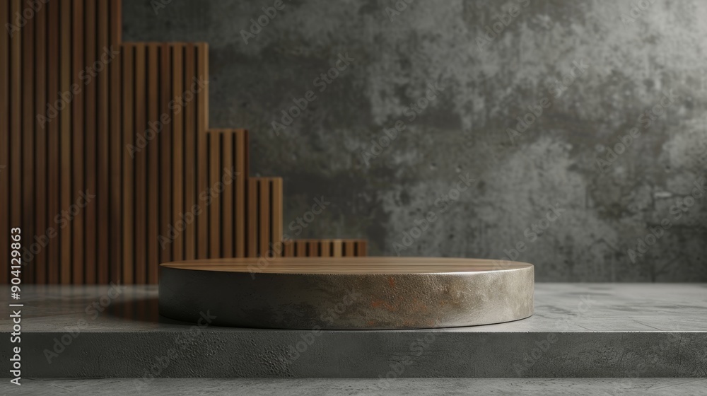 A wooden podium sits in front of a concrete wall with a wooden slat wall behind it. The background is a textured gray. A wooden podium sits in front of a concrete wall with a wooden slat wall behind it. The background is a textured gray.