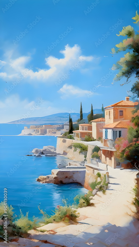 Naklejka premium view of village on the sea