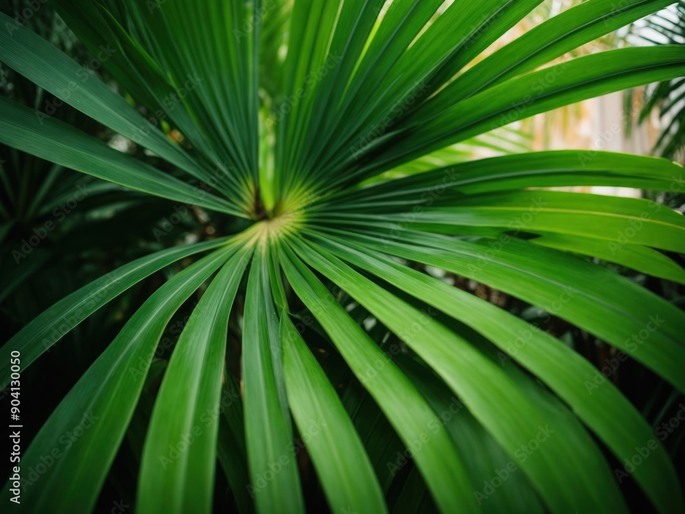 Obraz premium Green leaf of tropical palm vertical Close up detail
