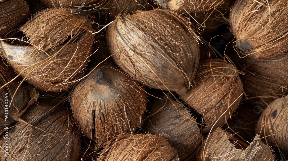 Coconut Husk Piled Background: De-Husked Biodegradable Material from Coco Coconut Husk Piled Background: De-Husked Biodegradable Material from Coco