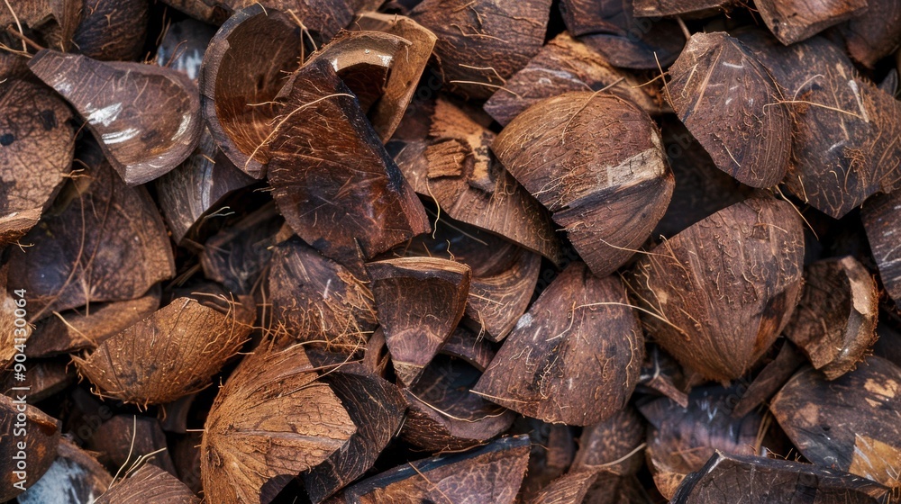 Coconut Husk Piled: Close-Up Shot of De-Husked Coconut with Biodegradable Brown Fibers Coconut Husk Piled: Close-Up Shot of De-Husked Coconut with Biodegradable Brown Fibers