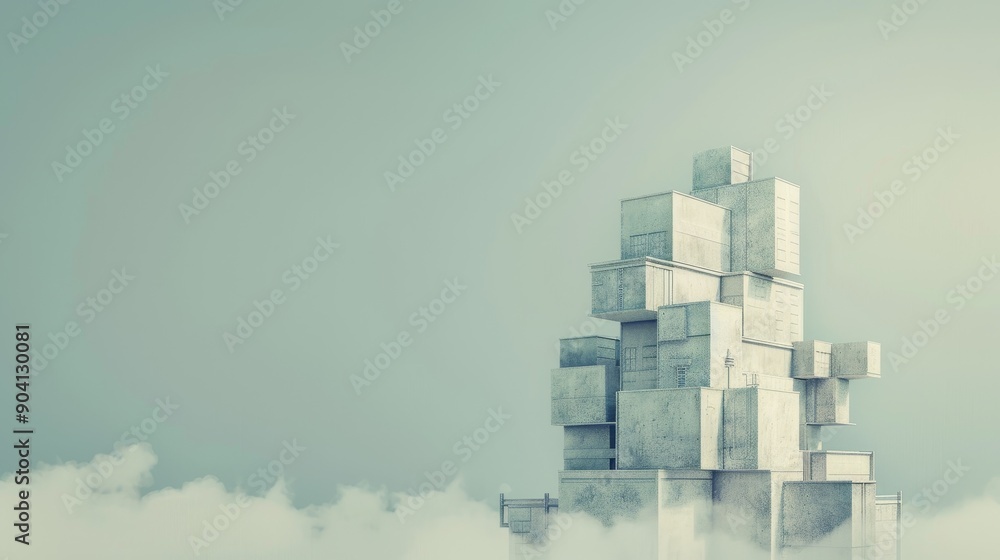 Abstract architecture of stacked white cubes against a blue sky with clouds. Abstract architecture of stacked white cubes against a blue sky with clouds.