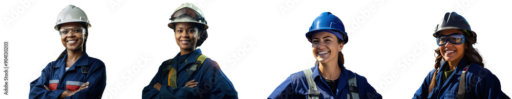 Fototapeta premium Diverse Women Construction Workers Ready to Work isolated against transparent background, PNG