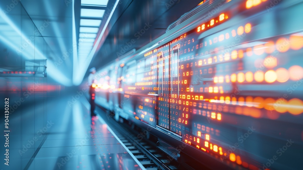 A vibrant train station scene with dynamic motion blur, showcasing an arriving train and illuminated platform. A vibrant train station scene with dynamic motion blur, showcasing an arriving train and illuminated platform.