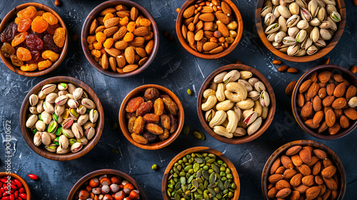 Assorted nuts and seeds in small bowls