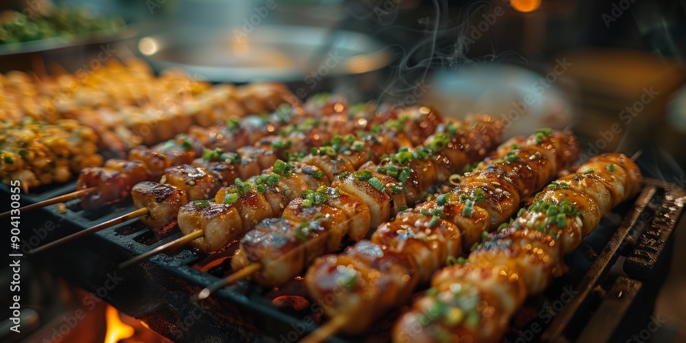 Street food dishes for National Street Food Day, August 8th, diverse flavors, vibrant setup, bustling atmosphere Street food dishes for National Street Food Day, August 8th, diverse flavors, vibrant setup, bustling atmosphere