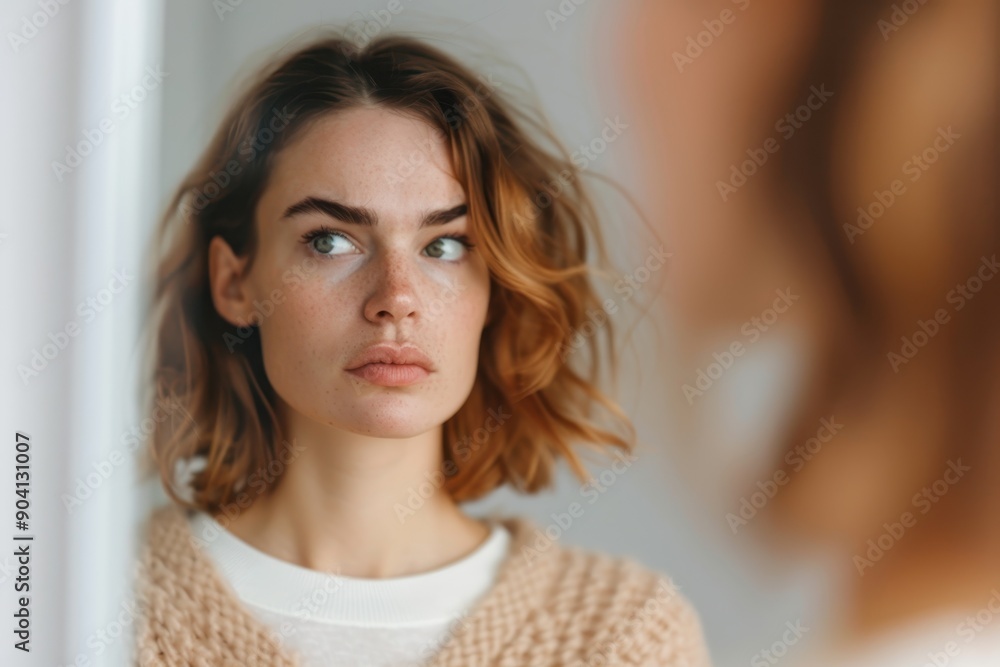 Reflecting on Self-Doubt: Troubled Woman Examining Her Reflection in Mirror, Mental Health Concept Reflecting on Self-Doubt: Troubled Woman Examining Her Reflection in Mirror, Mental Health Concept