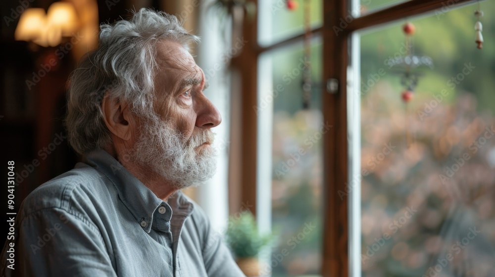 Contemplative Senior Man Gazing Sadly out of Window, Reflecting on Mental Health and Loneliness Contemplative Senior Man Gazing Sadly out of Window, Reflecting on Mental Health and Loneliness