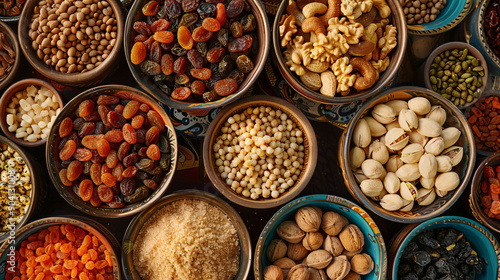 Assorted nuts and dried fruits in decorative bowls