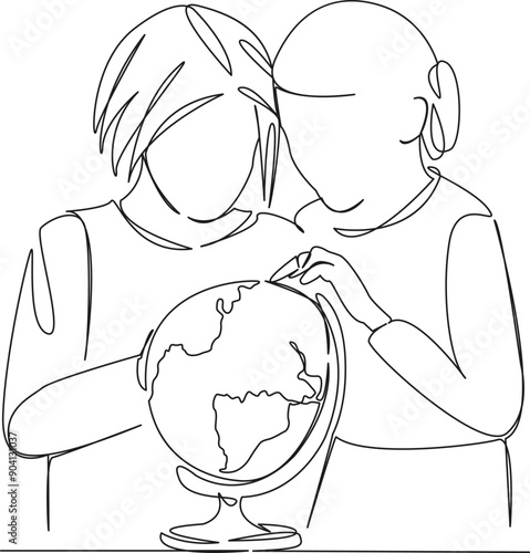 One continuous single drawing line art flat doodle education, geography, globe, schoolgirl, school, girl, young, earth, happy, pupil, lesson. Isolated image hand draw contour on a white background

