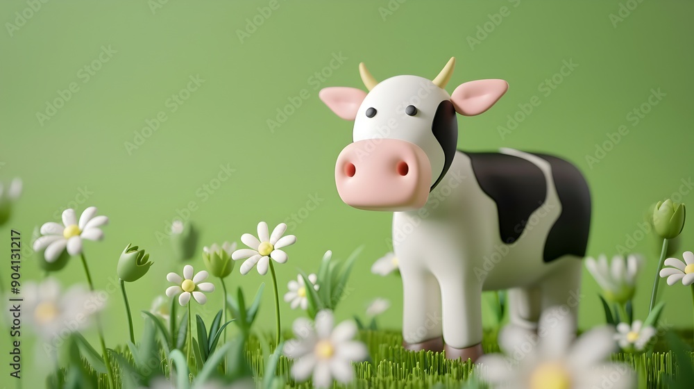 Cute Spotted Cow Standing in Grassy Meadow with White Daisies Cute Spotted Cow Standing in Grassy Meadow with White Daisies
