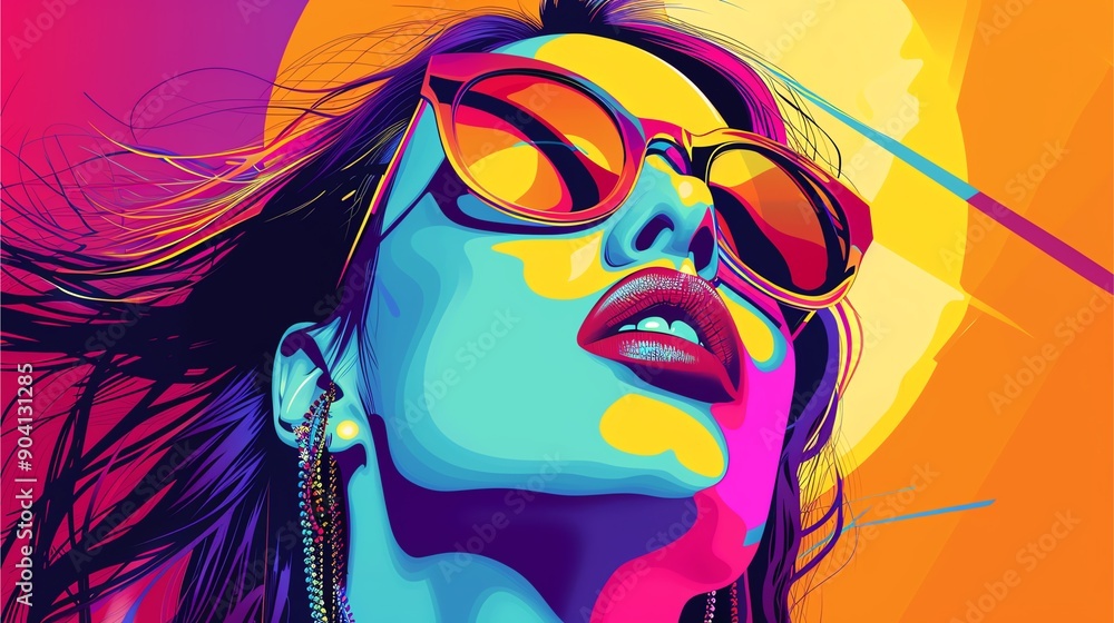 Naklejka premium A vector illustration of a woman with sunglasses and a smiling face in a background design, featuring elements of art and fashion.