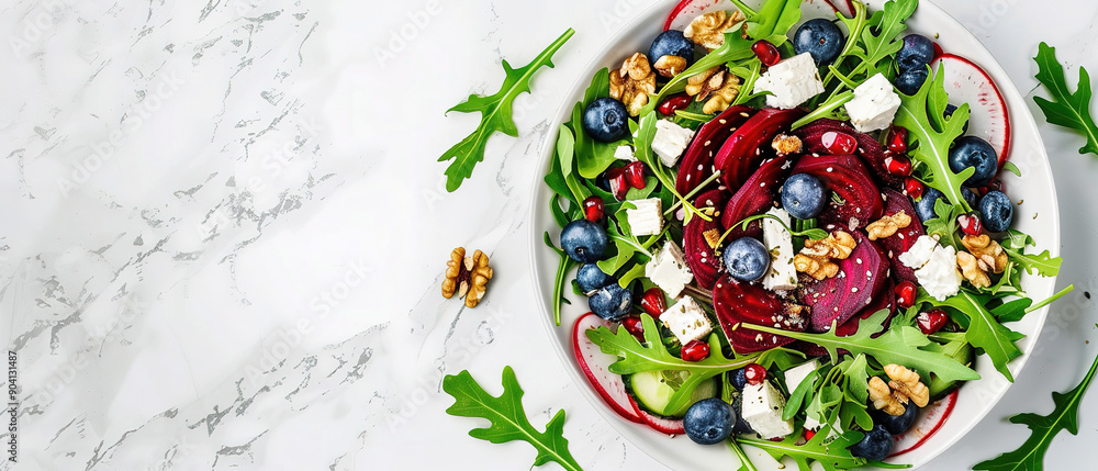 Fototapeta premium Delicious salad with sweet beets, blueberries, feta cheese, arugula and walnuts, with empty copy Space, light marble table background, top view