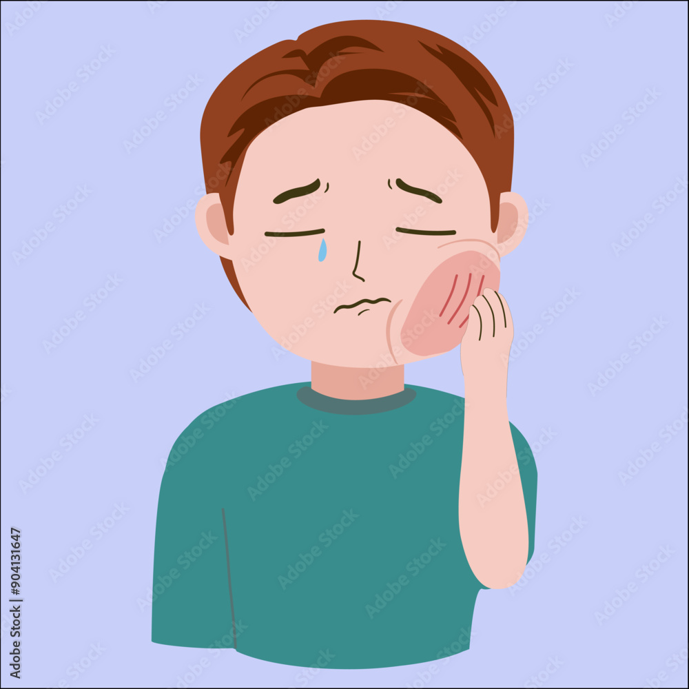 Vector illustration of young man tootache, swollen tooth, cheek, good for showing sick symptoms, isolated on blue background Vector illustration of young man tootache, swollen tooth, cheek, good for showing sick symptoms, isolated on blue background